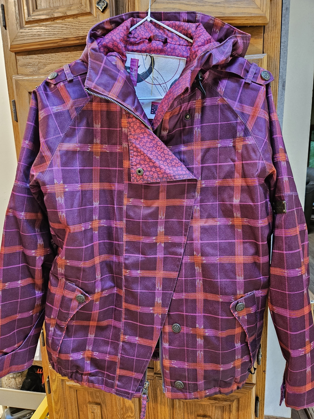 Billabong Purple & Pink Plaid Kids Hooded Rain Jacket